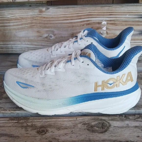 Hoka Clifton 9 White and Blue Sneakers with Gold Logo - Picture 9 of 14